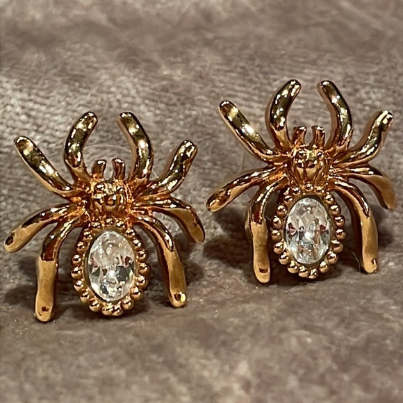 Vintage Avon Gold Spider Earrings CZ Diamond - Picture 1 of 5
